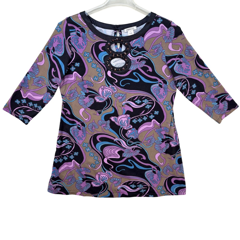 Harold's Psychedelic Blouse Women L Floral Beaded Keyhole Boho Peasant Y2K
